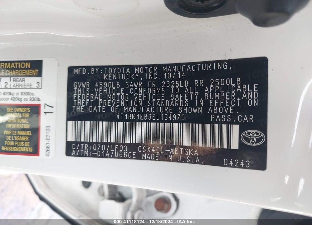 2014 TOYOTA AVALON XLE PREMIUM VIN: 4T1BK1EB3EU134970