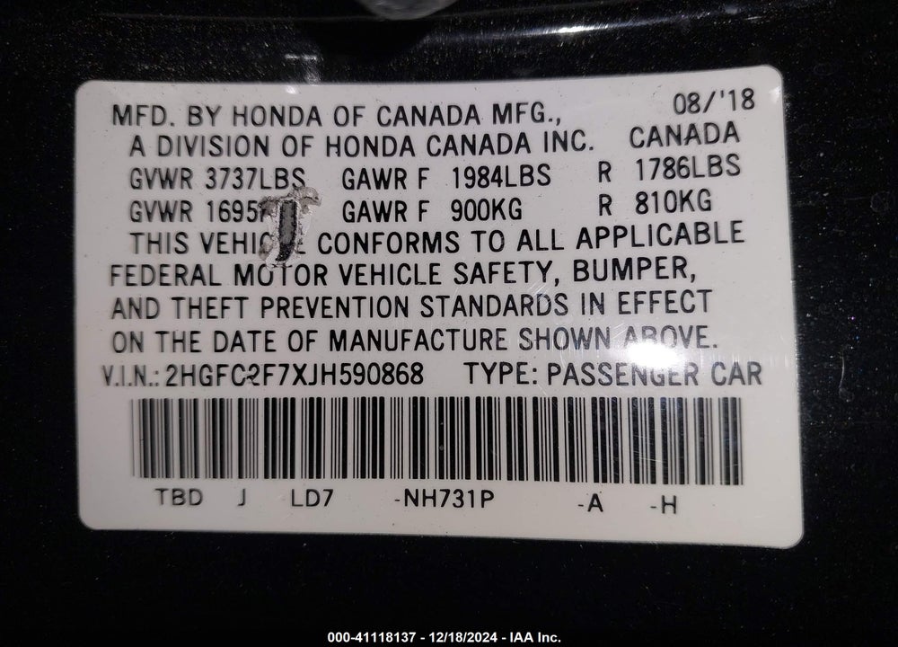 2018 HONDA CIVIC EX VIN: 2HGFC2F7XJH590868