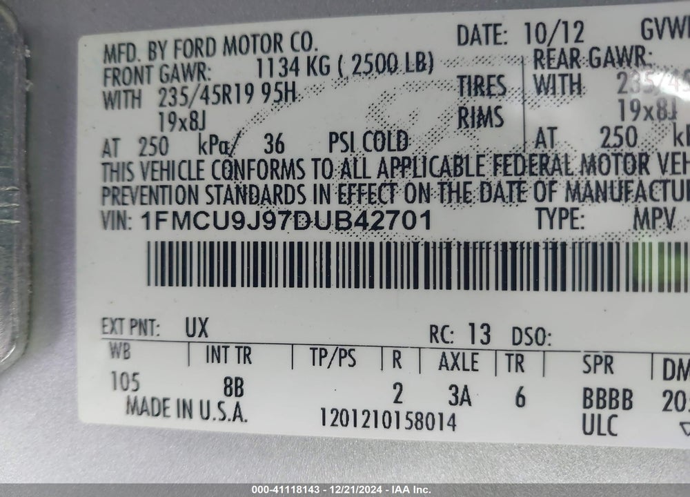 2013 FORD ESCAPE TITANIUM VIN: 1FMCU9J97DUB42701