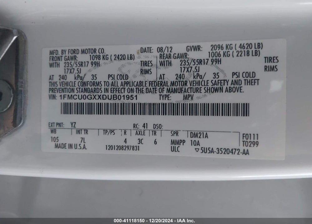2013 FORD ESCAPE SE VIN: 1FMCU0GXXDUB01951