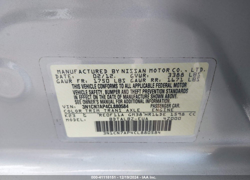 2012 NISSAN VERSA 1.6 SV VIN: 3N1CN7AP4CL880584