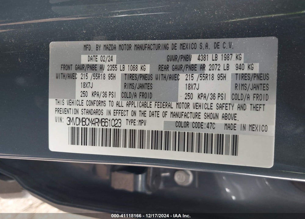 2024 MAZDA CX-30 2.5 S CARBON EDITION VIN: 3MVDMBCM4RM661023