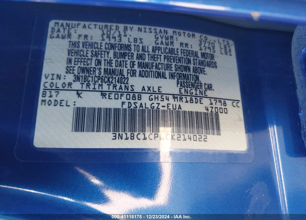 2012 NISSAN VERSA 1.8 SL VIN: 3N1BC1CP6CK214022