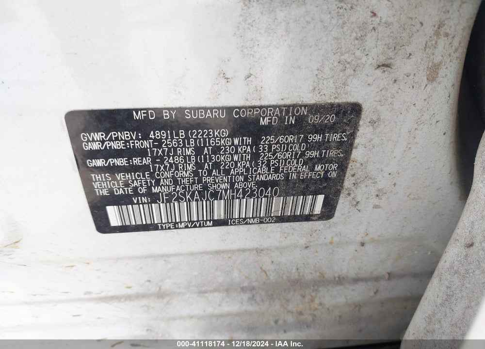 2021 SUBARU FORESTER PREMIUM VIN: JF2SKAJC7MH423040