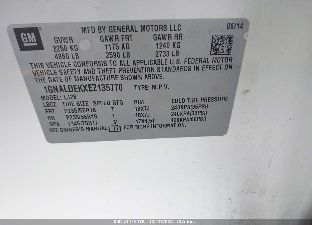 2014 CHEVROLET EQUINOX LTZ VIN: 1GNALDEKXEZ135770