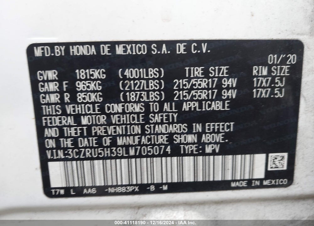 2020 HONDA HR-V 2WD LX VIN: 3CZRU5H39LM705074