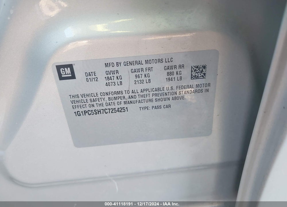 2012 CHEVROLET CRUZE LS VIN: 1G1PC5SH7C7254251