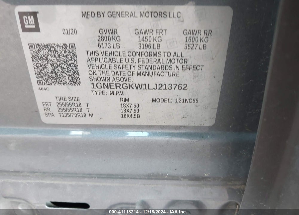 2020 CHEVROLET TRAVERSE FWD LT CLOTH VIN: 1GNERGKW1LJ213762