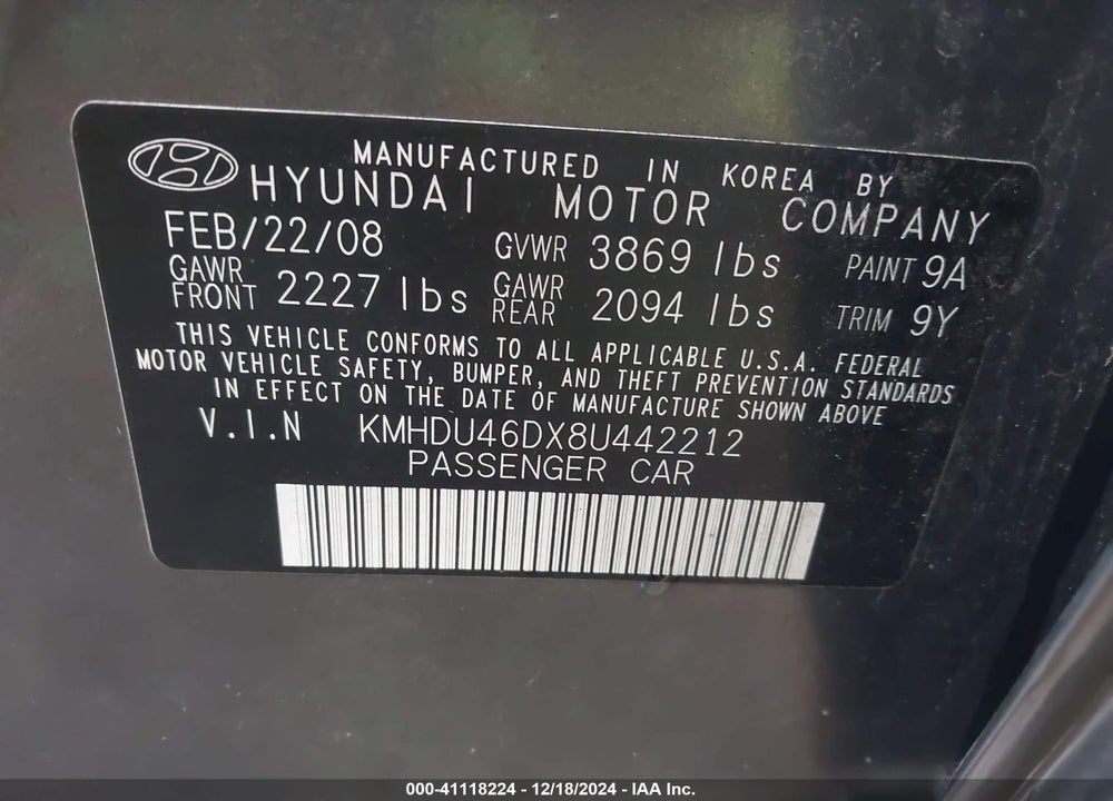 2008 HYUNDAI ELANTRA GLS/SE VIN: KMHDU46DX8U442212