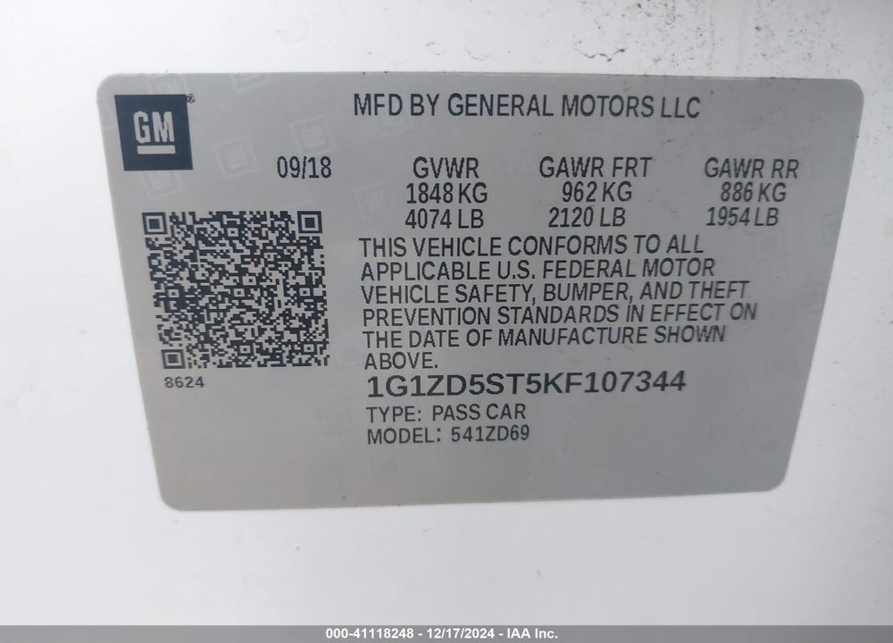 2019 CHEVROLET MALIBU LT VIN: 1G1ZD5ST5KF107344