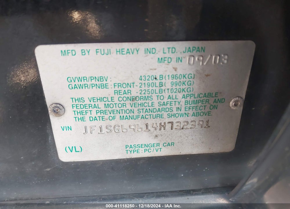 2004 SUBARU FORESTER 2.5XT VIN: JF1SG69614H732391