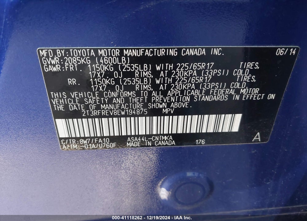 2014 TOYOTA RAV4 XLE VIN: 2T3RFREV8EW194875