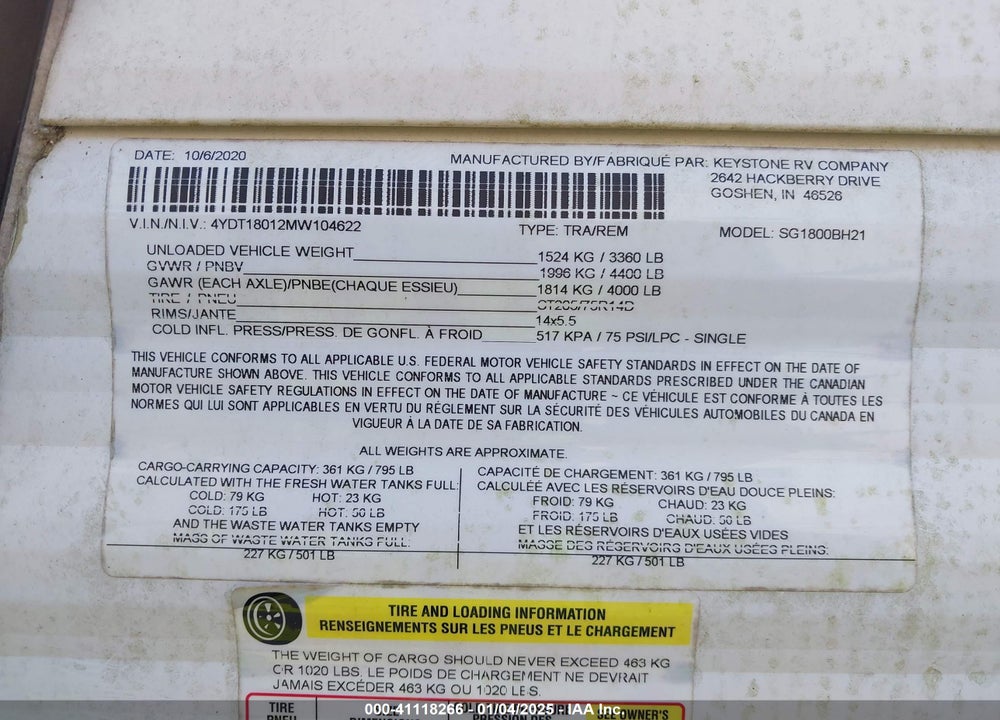 2021 SPRINGDALE OTHER VIN: 4YDT18012MW104622