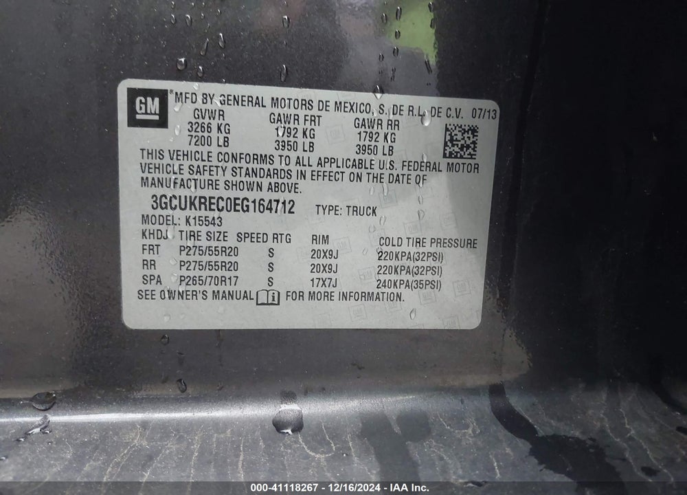 2014 CHEVROLET SILVERADO 1500 VIN: 3GCUKREC0EG164712