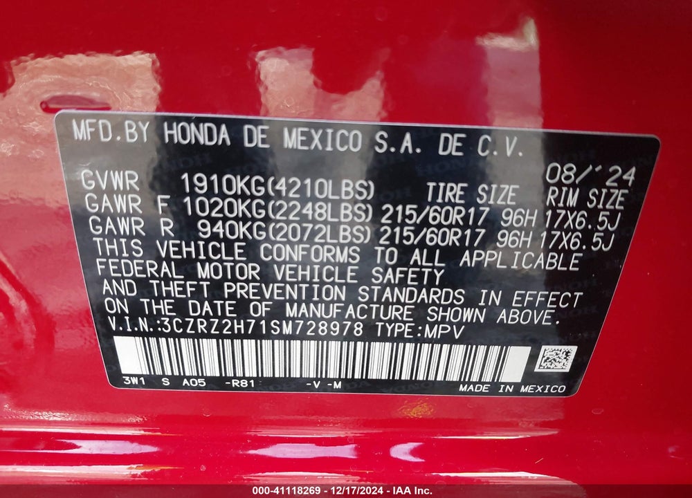 2025 HONDA HR-V AWD EX-L VIN: 3CZRZ2H71SM728978