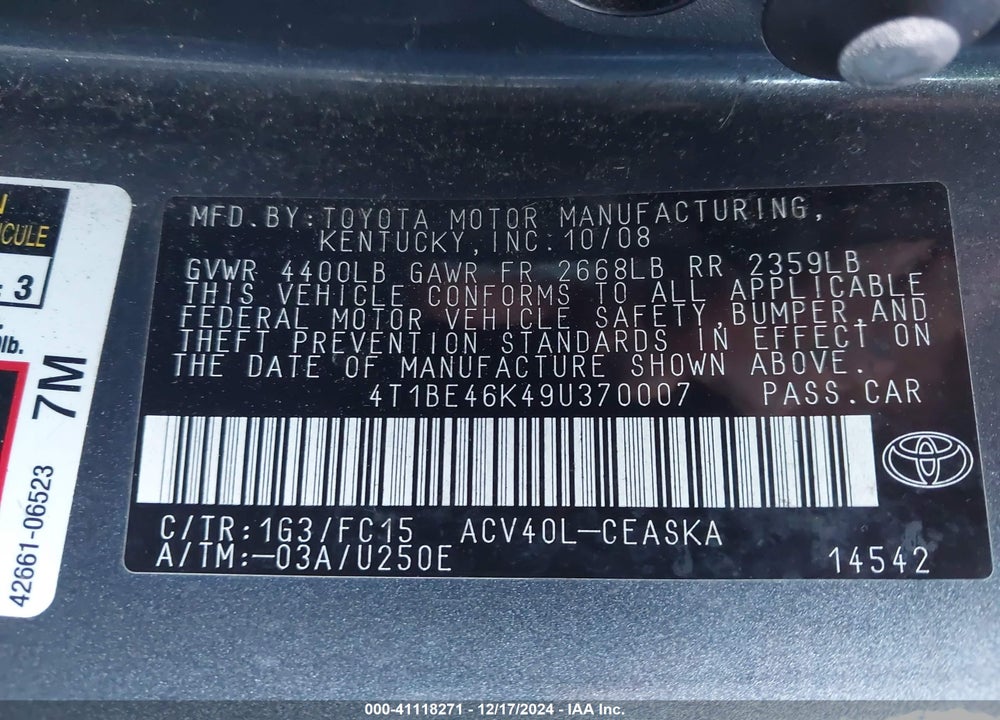 2009 TOYOTA CAMRY SE VIN: 4T1BE46K49U370007