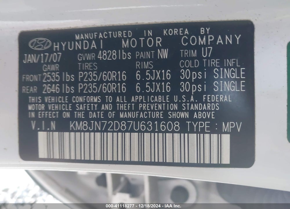 2007 HYUNDAI TUCSON LIMITED/SE VIN: KM8JN72D87U631608