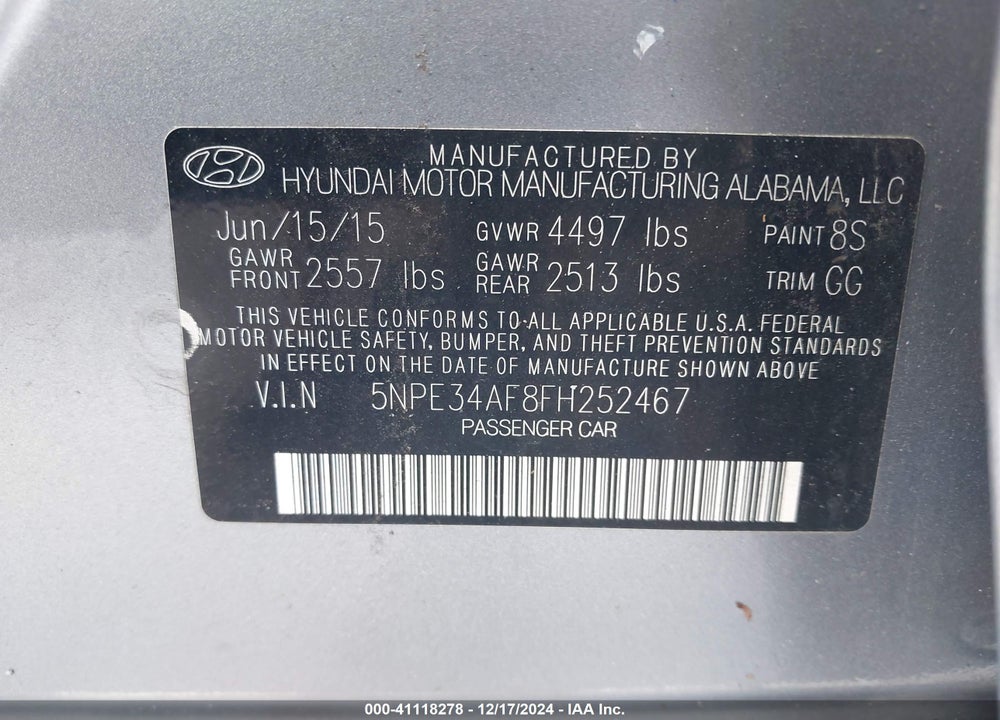 2015 HYUNDAI SONATA LIMITED VIN: 5NPE34AF8FH252467