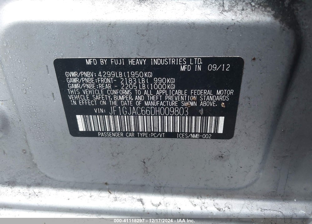 2013 SUBARU IMPREZA VIN: JF1GJAC66DH009803