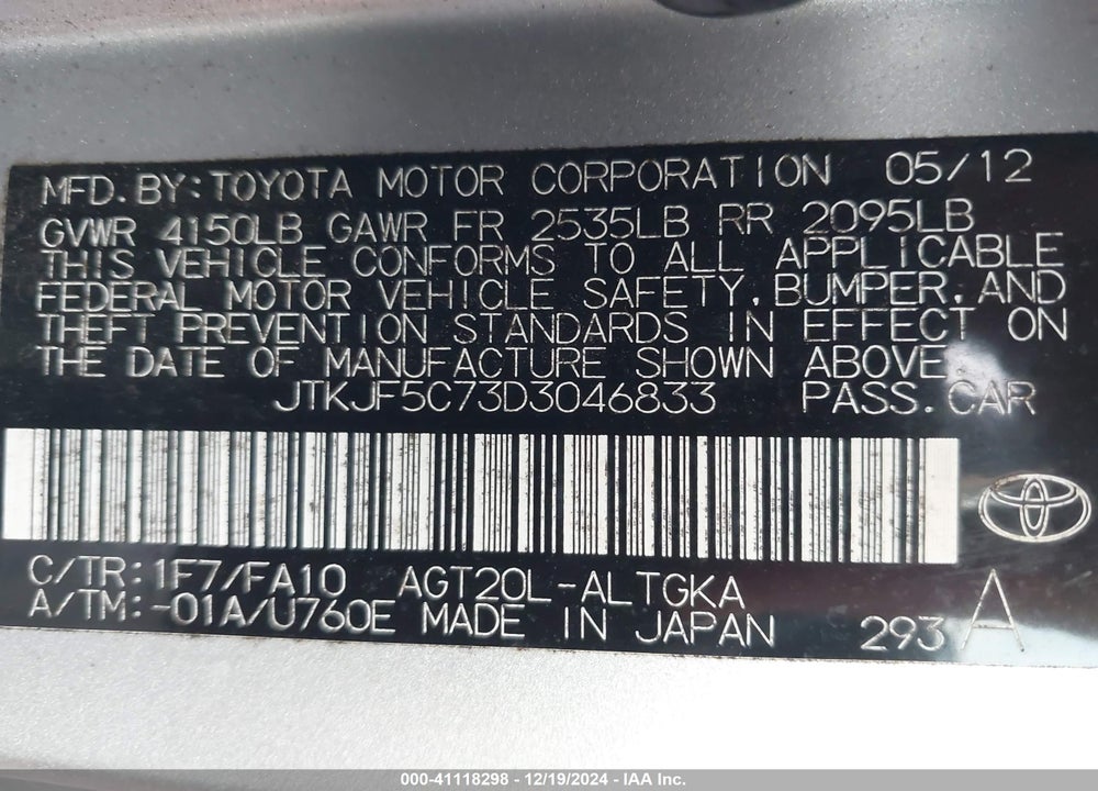 2013 SCION TC AUTOMATIC VIN: JTKJF5C73D3046833