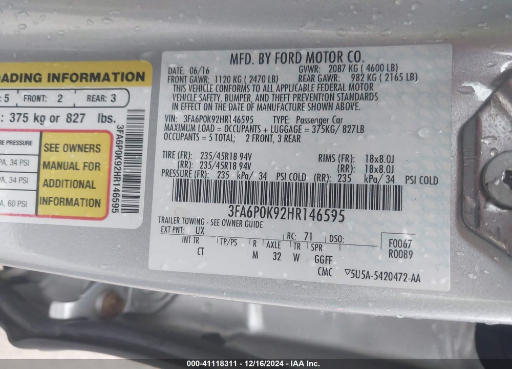 2017 FORD FUSION TITANIUM VIN: 3FA6P0K92HR146595