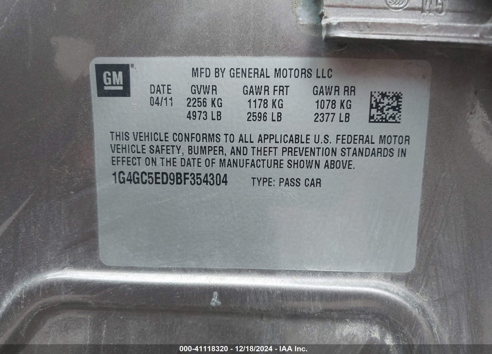 2011 BUICK LACROSSE VIN: 1G4GC5ED9BF354304