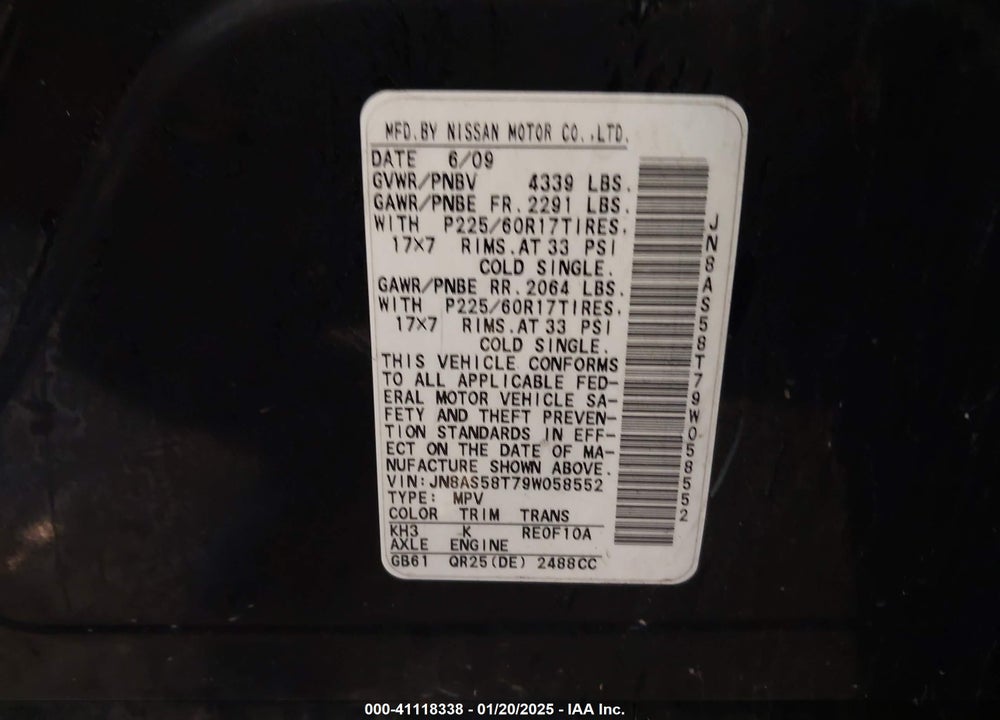 2009 NISSAN ROGUE VIN: JN8AS58T79W058552