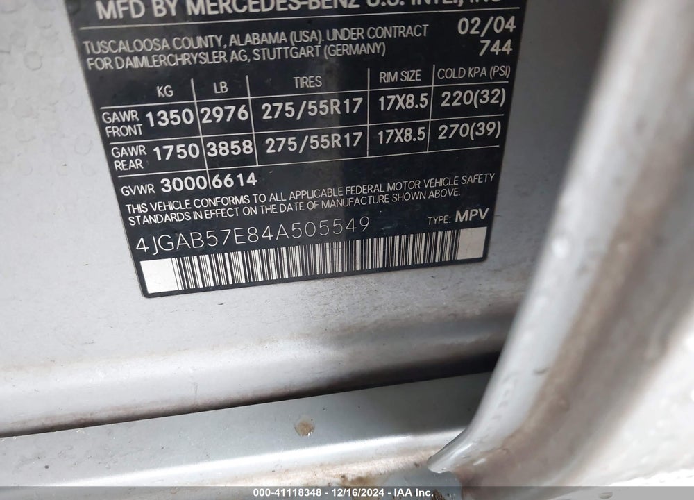 2004 MERCEDES-BENZ ML 350 4MATIC VIN: 4JGAB57E84A505549