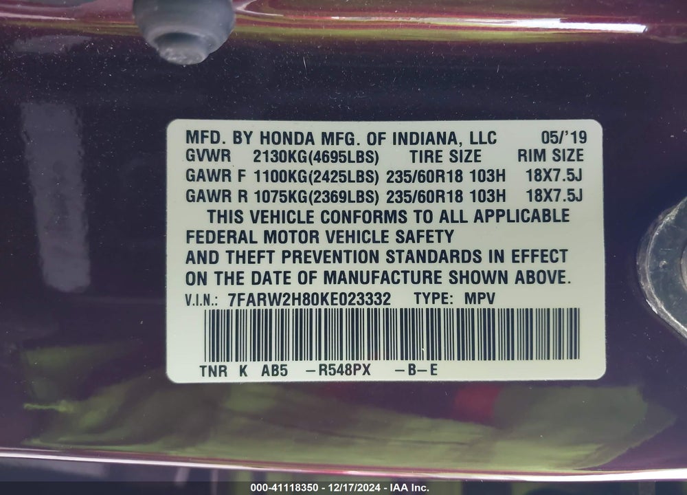 2019 HONDA CR-V EX-L VIN: 7FARW2H80KE023332