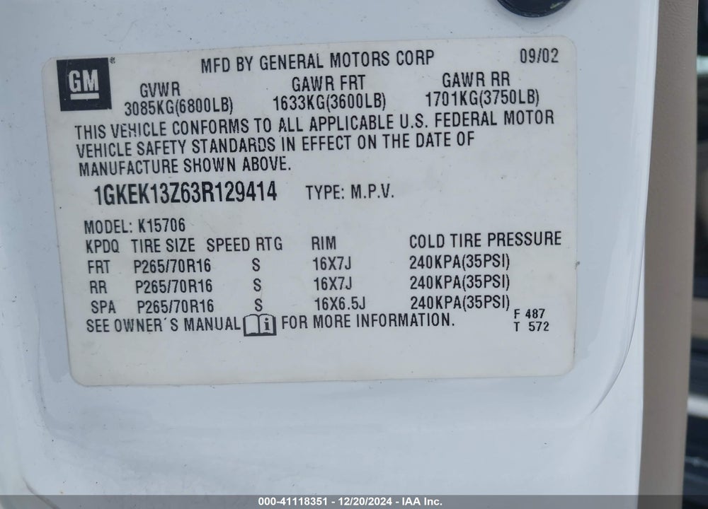 2003 GMC YUKON SLT VIN: 1GKEK13Z63R129414