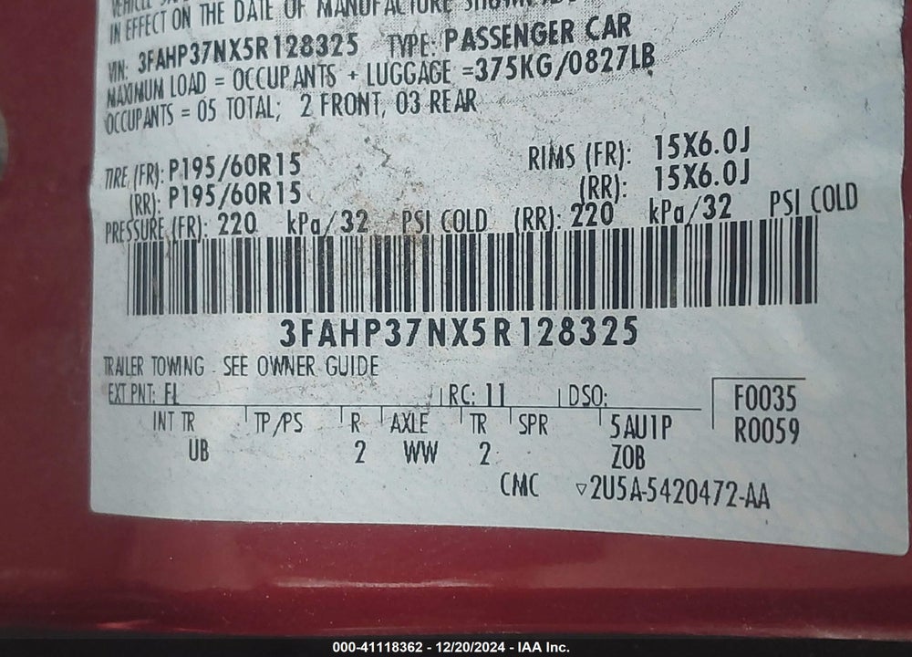 2005 FORD FOCUS ZX5 VIN: 3FAHP37NX5R128325