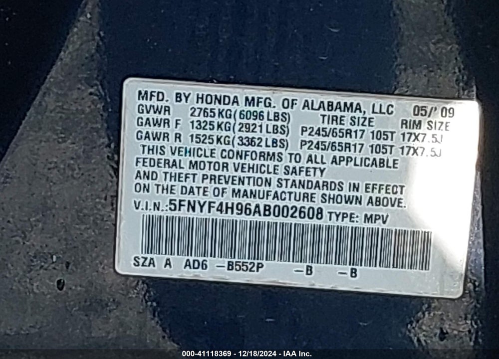 2010 HONDA PILOT TOURING VIN: 5FNYF4H96AB002608