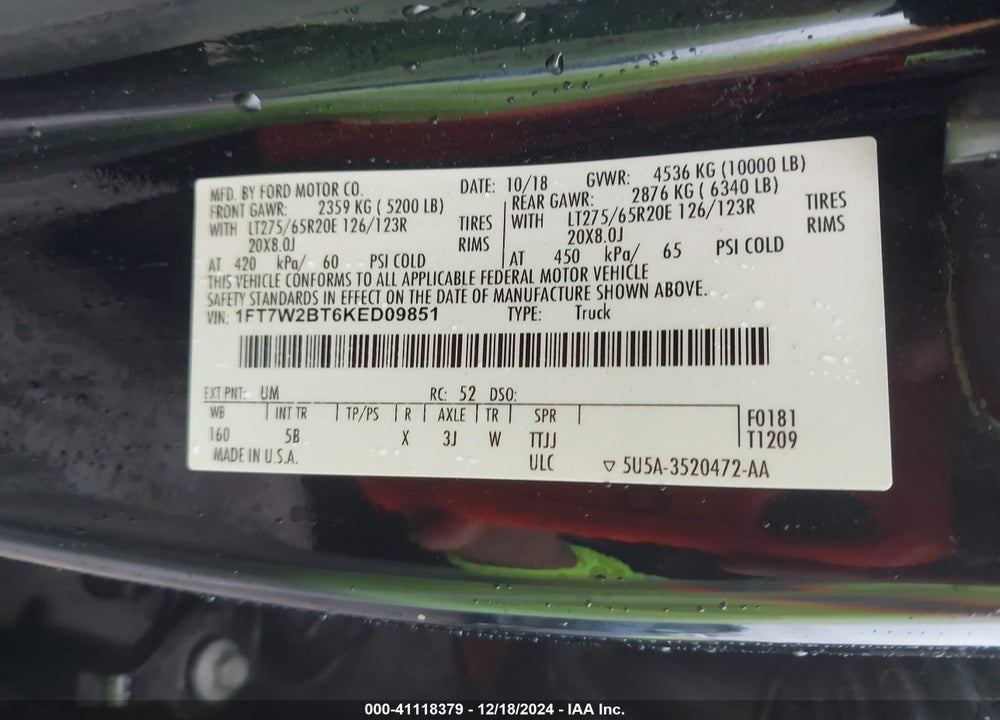 2019 FORD F-250 LARIAT VIN: 1FT7W2BT6KED09851