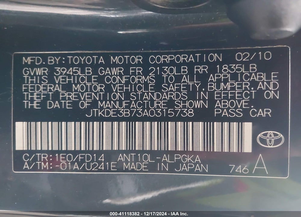 2010 SCION TC VIN: JTKDE3B73A0315738