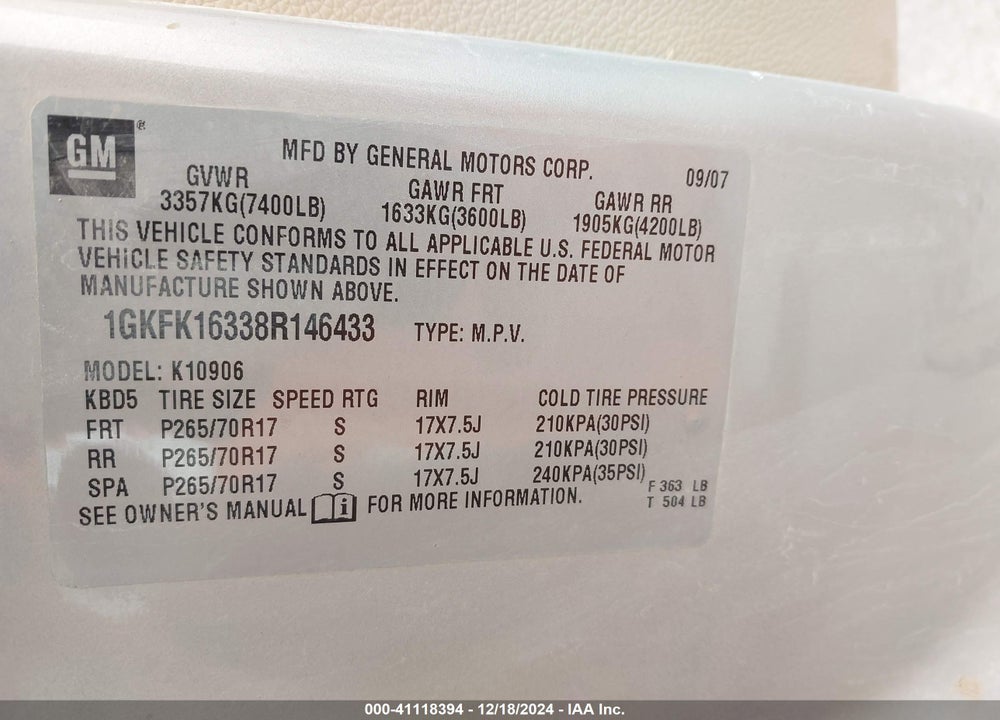 2008 GMC YUKON XL 1500 SLT VIN: 1GKFK16338R146433