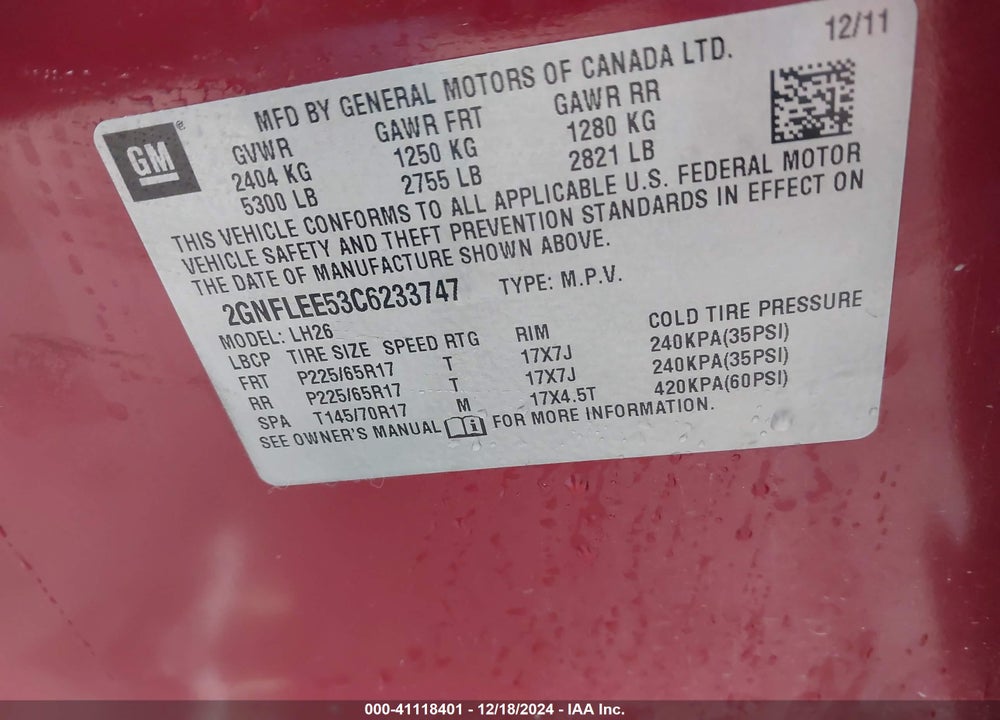 2012 CHEVROLET EQUINOX 1LT VIN: 2GNFLEE53C6233747