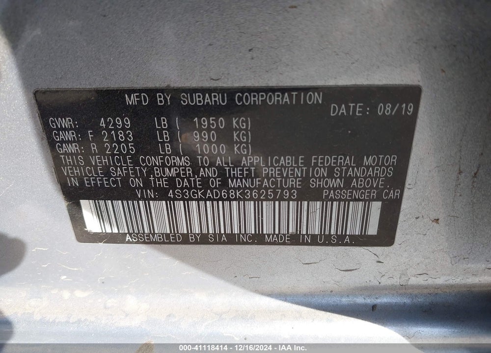 2019 SUBARU IMPREZA 2.0I PREMIUM VIN: 4S3GKAD68K3625793