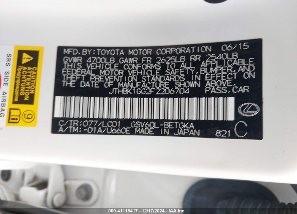 2015 LEXUS ES VIN: JTHBK1GG2F2206704