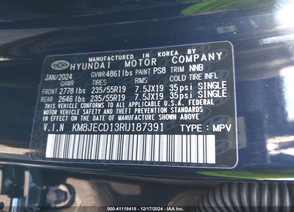 2024 HYUNDAI TUCSON HYBRID LIMITED VIN: KM8JECD13RU187391