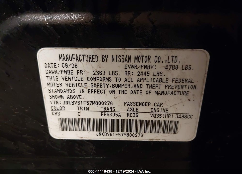 2007 INFINITI G35X VIN: JNKBV61F57M800276