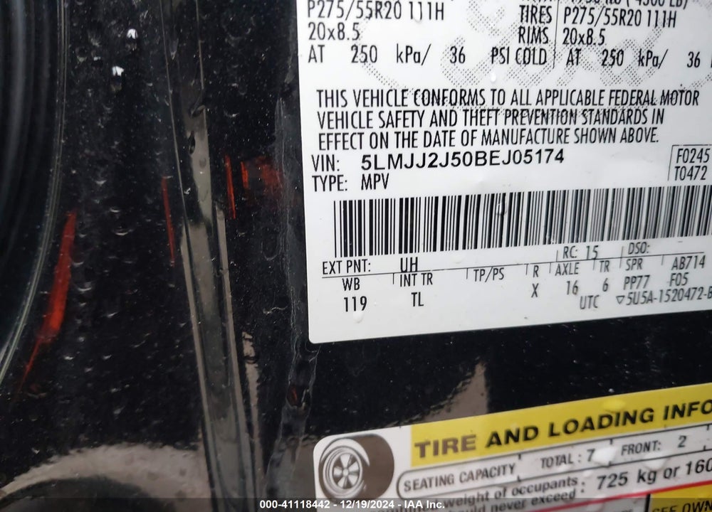 2011 LINCOLN NAVIGATOR VIN: 5LMJJ2J50BEJ05174