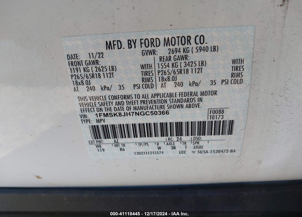 2022 FORD EXPLORER VIN: 1FMSK8JH7NGC50366
