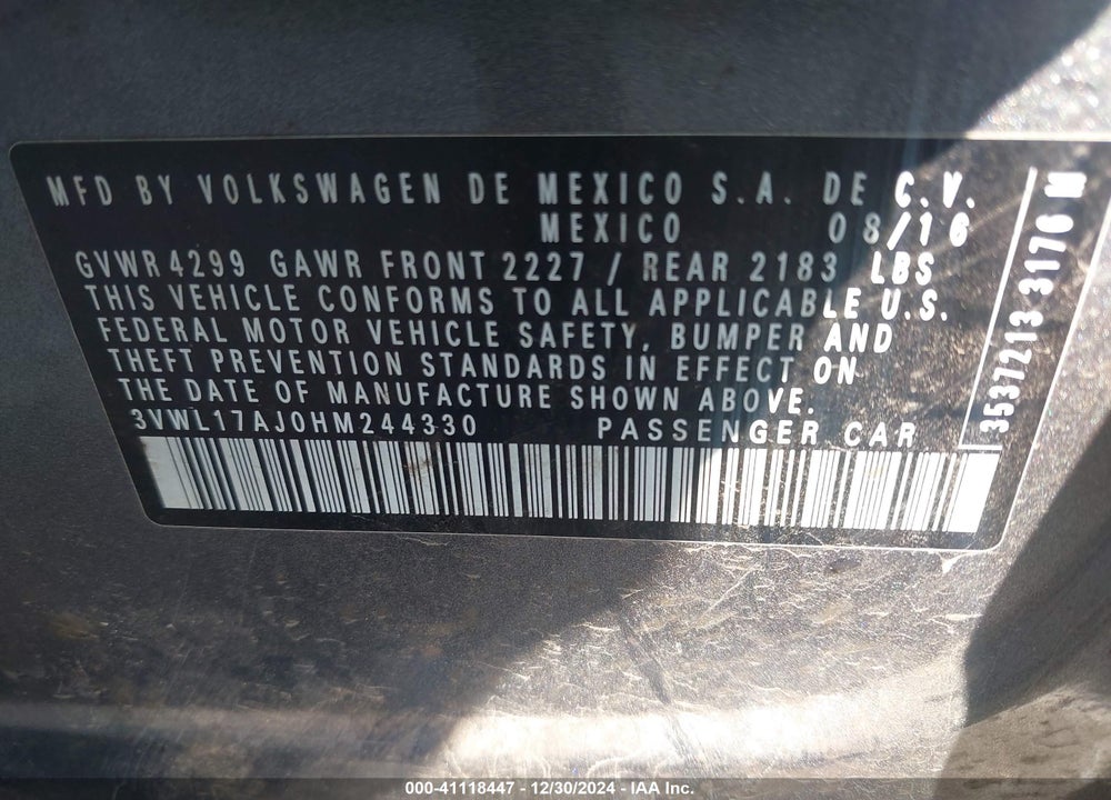 2017 VOLKSWAGEN JETTA VIN: 3VWL17AJ0HM244330