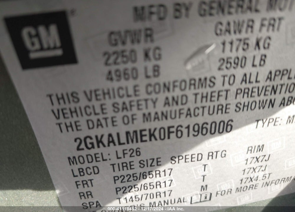 2015 GMC TERRAIN SLE-1 VIN: 2GKALMEK0F6196006