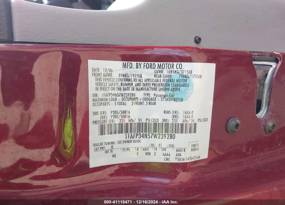 2007 FORD FOCUS S/SE/SES VIN: 1FAFP34N57W239280