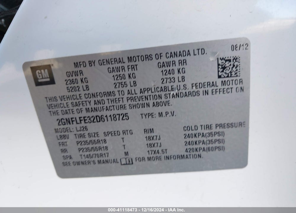 2013 CHEVROLET EQUINOX LTZ VIN: 2GNFLFE32D6118725