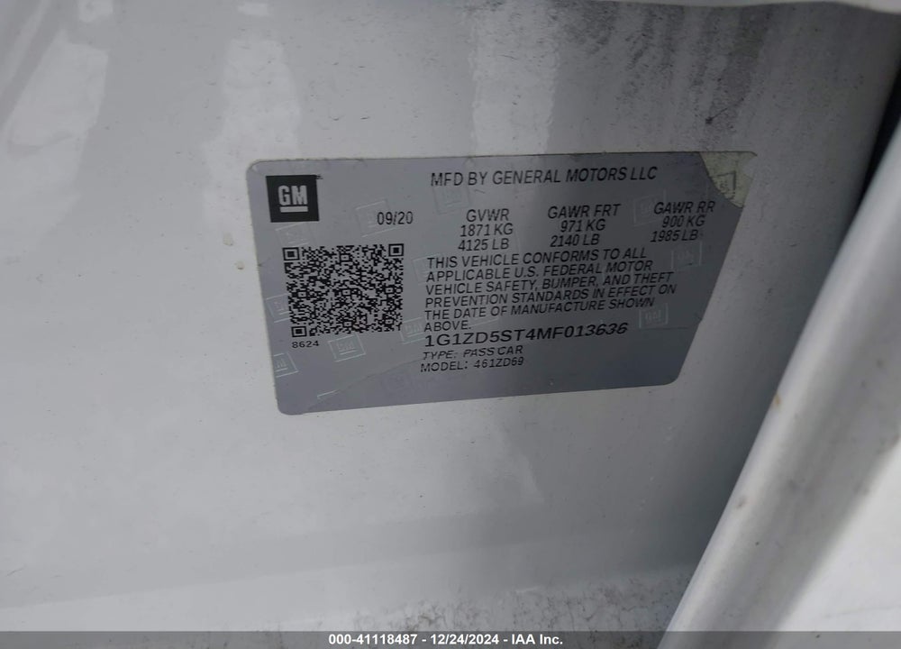 2021 CHEVROLET MALIBU FWD LT VIN: 1G1ZD5ST4MF013636