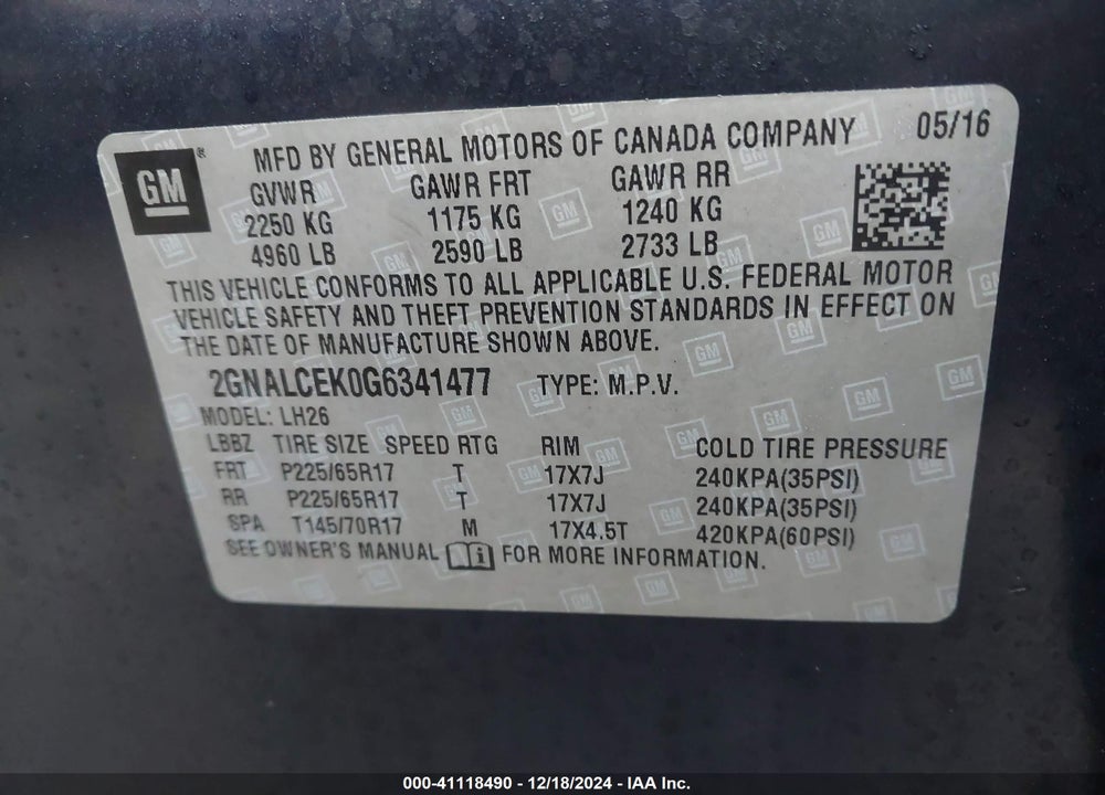 2016 CHEVROLET EQUINOX LT VIN: 2GNALCEK0G6341477