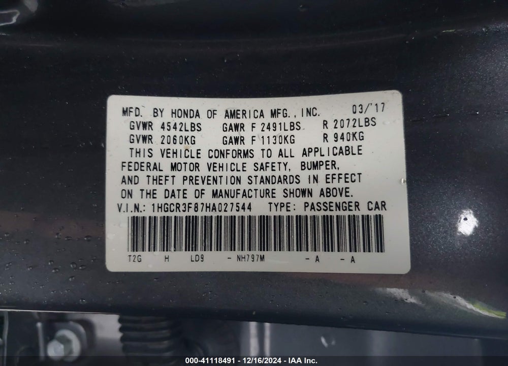 2017 HONDA ACCORD VIN: 1HGCR3F87HA027544