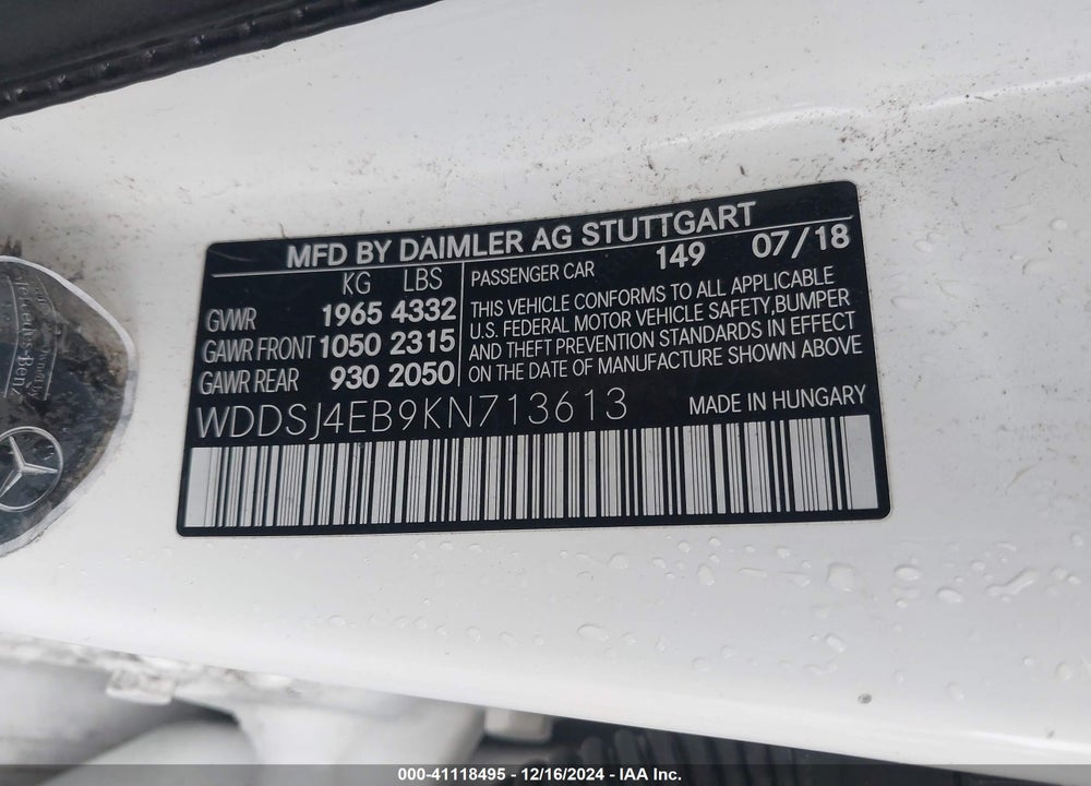 2019 MERCEDES-BENZ CLA 250 VIN: WDDSJ4EB9KN713613